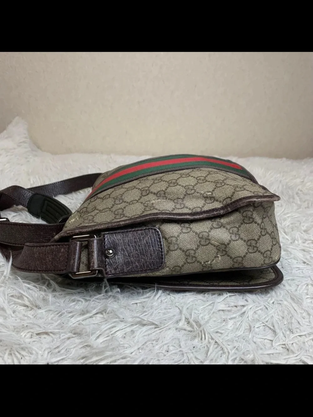 Gucci Brown Monogram Messenger Bag with Red & Green Center Stripe